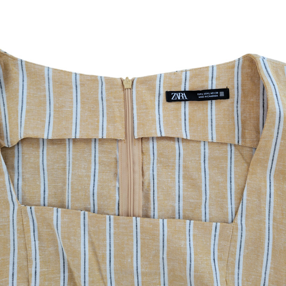 ZARA Linen Blend Striped Yellow/White Mini Cut Out Tie Waist Dress Women Sz L - Picture 8 of 15